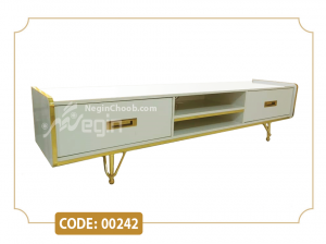خرید میز تلویزیون هایگلاس مدل 00242 ام دی اف پایه فلزی آبکاری فورتیک